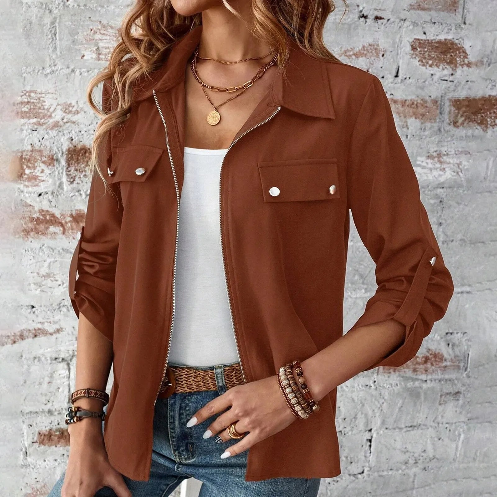 Women’s Long Sleeve Lapel Zip-Up Lightweight Jacket